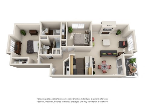 Floor plan for 2 beds, 2 baths, 910 sqft